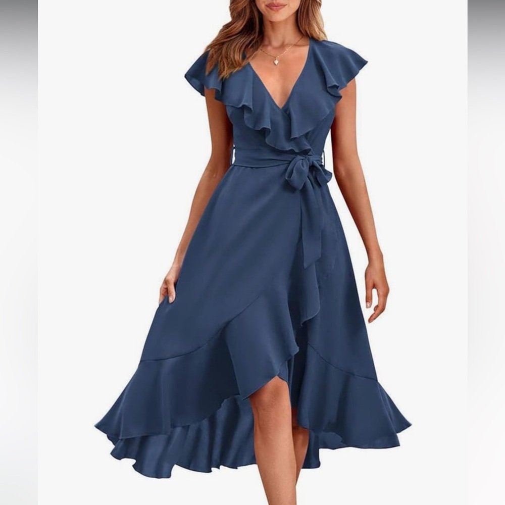 Elegant Blue Ruffle Wrap Dress